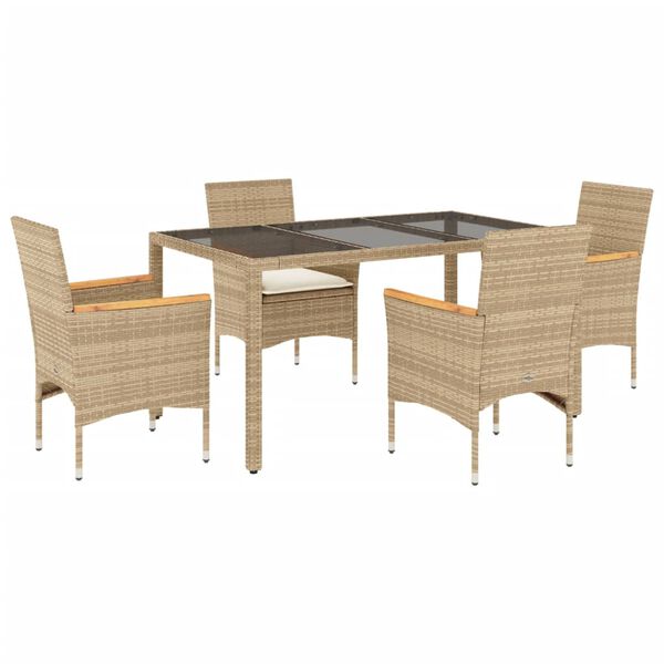 vidaXL 5-tlg. Garten-Essgruppe mit Kissen Beige Poly Rattan und Glas