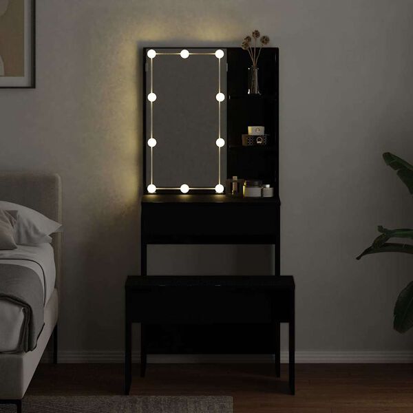 vidaXL LED Schminktisch Set 2 pcs Schwarz Eichen-Optik Holzwerkstoff