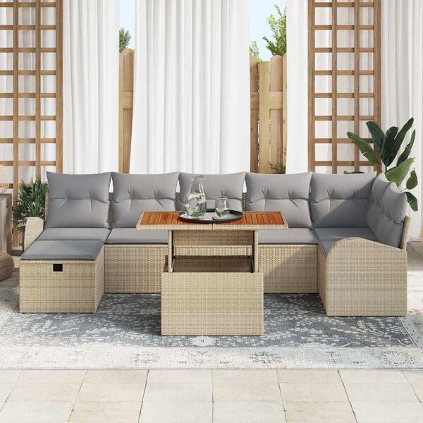 vidaXL Garten-Sofa-Set mit Kissen mit Speicher 8 pcs Beige Poly Rattan