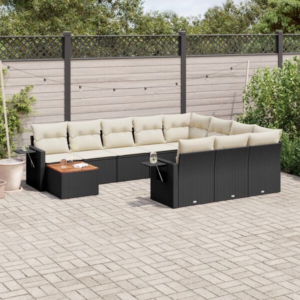 vidaXL 11-tlg. Garten-Sofagarnitur mit Kissen Schwarz Poly Rattan