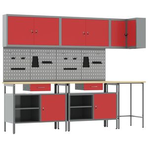 vidaXL Arbeitsschrankset mit Schubladen mit Regal 10 Stk. Rot und Grau