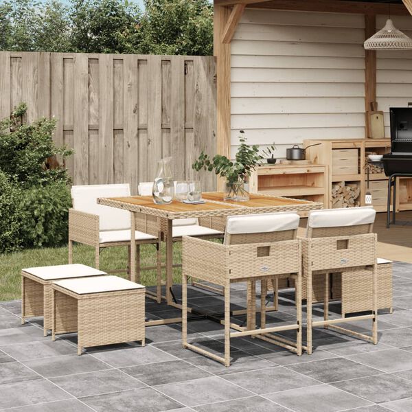 vidaXL 9-tlg. Garten-Essgruppe mit Kissen Beige Poly Rattan