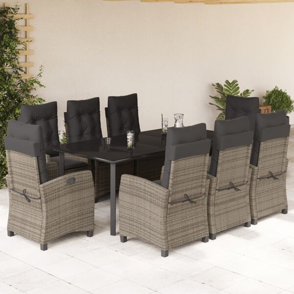vidaXL 9-tlg. Garten-Essgruppe mit Kissen Grau Poly Rattan