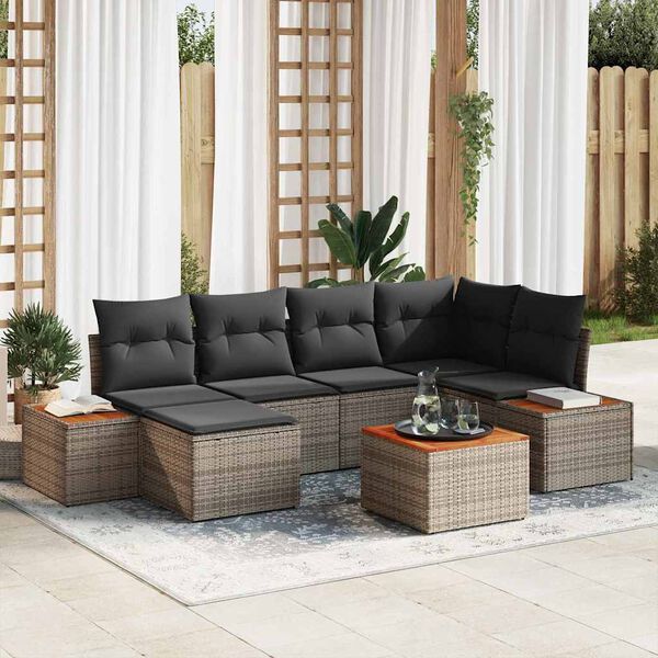 vidaXL Garten-Sofa-Set mit Kissen 7 pcs Grau Poly Rattan