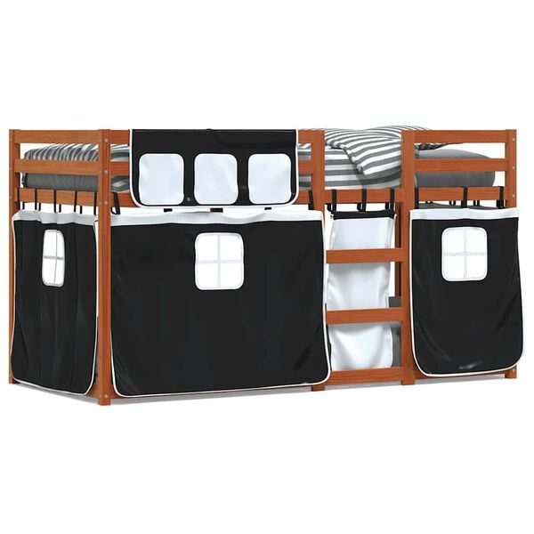 vidaXL Etagenbett mit Vorh&auml;ngen Wei&szlig; & Schwarz 90x190 cm Kiefernholz