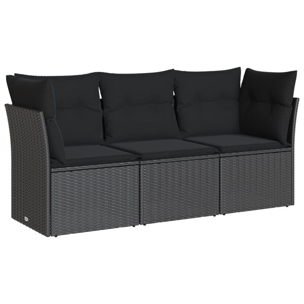 vidaXL 3-tlg. Garten-Sofagarnitur mit Kissen Schwarz Poly Rattan