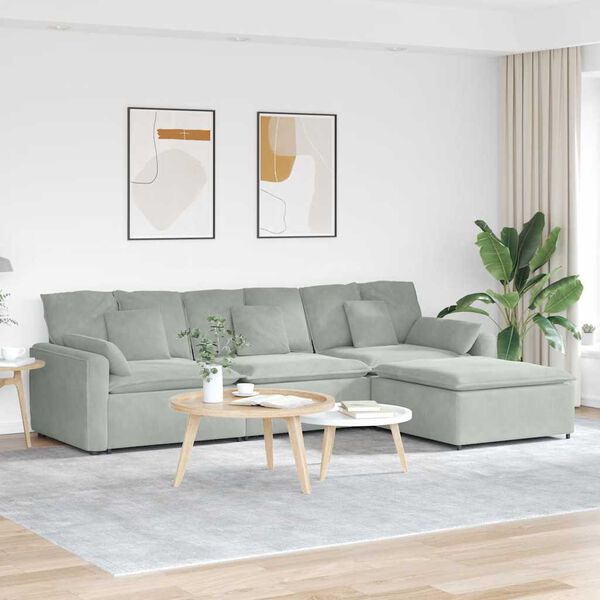 vidaXL Modulares Sofa mit Fu&szlig;hocker und Kissen Hellgrau
