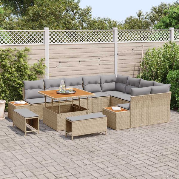 vidaXL Gartensofa-set mit Kissen mit Speicher 12 pcs Beige Poly Rattan