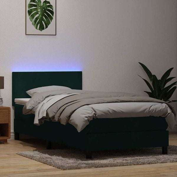 vidaXL Boxspringbett mit Matratze & LED Dunkelgr&uuml;n 90x210 cm Samt