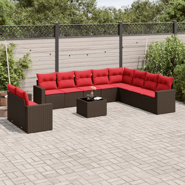 vidaXL 11-tlg. Garten-Sofagarnitur mit Kissen Braun Poly Rattan