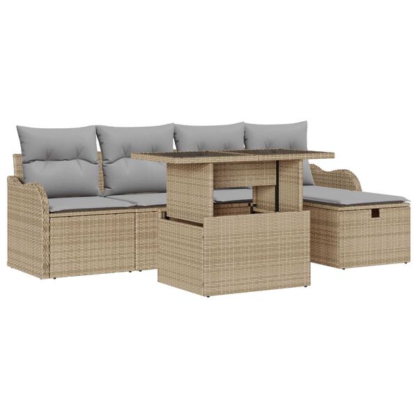 vidaXL Garten-Sofa-Set mit Kissen mit Speicher 6 pcs Beige Poly Rattan