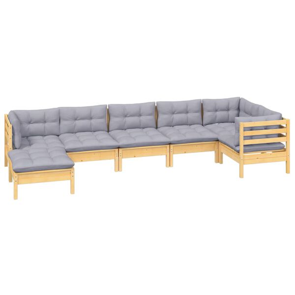 vidaXL 7-tlg. Garten-Lounge-Set mit Grauen Kissen Kiefer Massivholz