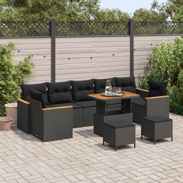 vidaXL Garten-Sofa-Set mit Kissen 10 pcs Schwarz Poly Rattan
