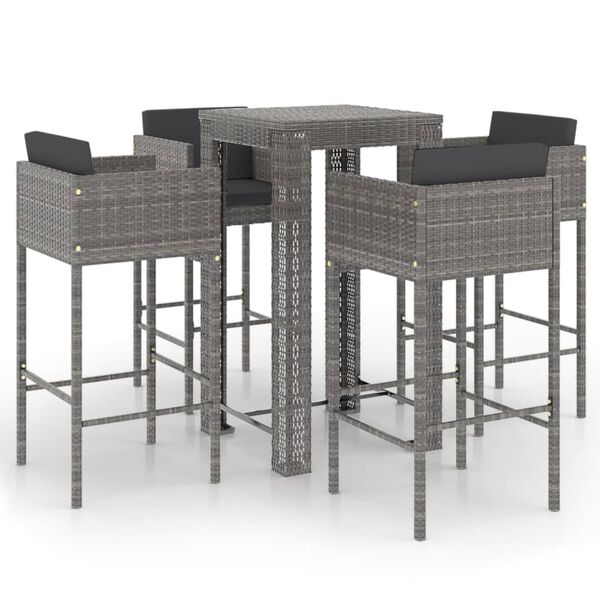 vidaXL 5-tlg. Gartenbar-Set mit Kissen Poly Rattan Grau