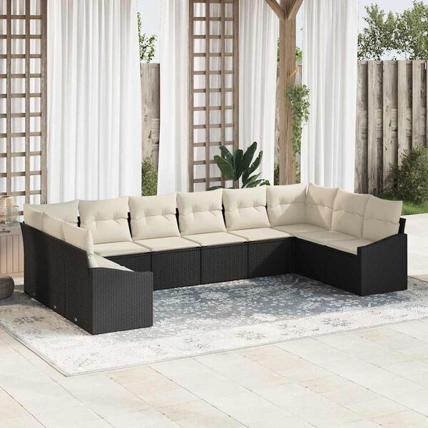 vidaXL Garten-Sofa-Set mit Kissen 10 pcs Schwarz und Creme Poly-Rattan