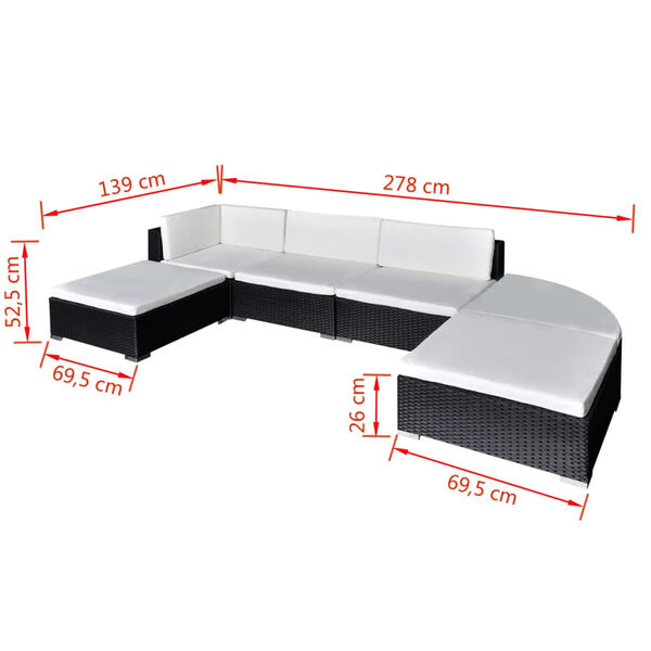 vidaXL 6-tlg. Garten-Lounge-Set mit Auflagen Poly Rattan Schwarz