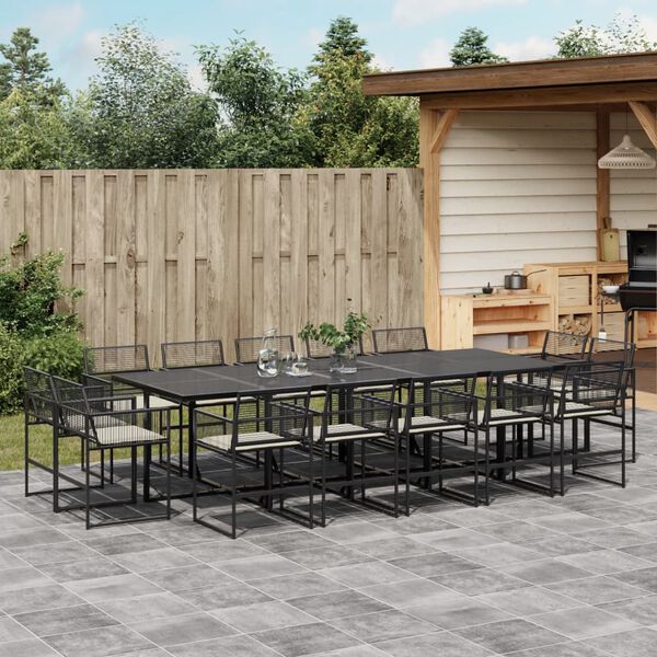 vidaXL 15-tlg. Garten-Essgruppe mit Kissen Schwarz Poly Rattan