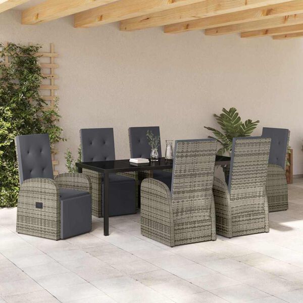 vidaXL Garten Essgruppe mit Kissen 7 pcs Grau Poly-Rattan