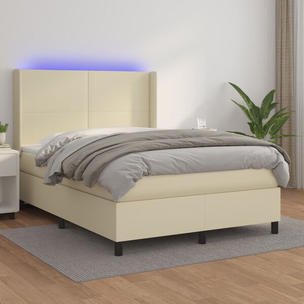 vidaXL Boxspringbett mit Matratze & LED Creme 140x200 cm Kunstleder