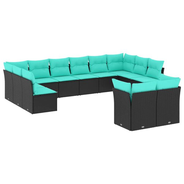 vidaXL 12-teiliges Gartensofa-Set mit Kissen, schwarzes Polyrattan