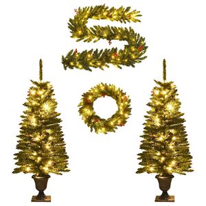 vidaXL K&uuml;nstliche Weihnachtsb&auml;ume 2 Stk. mit Kranz, Girlande und LEDs
