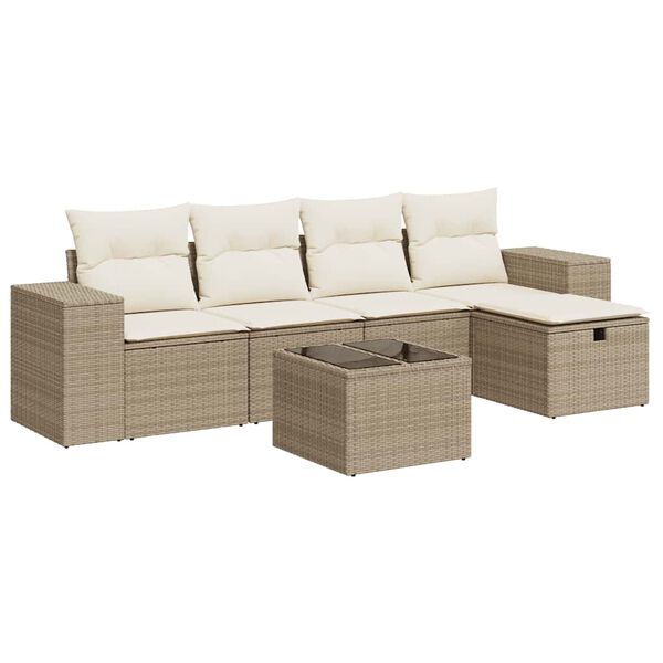 vidaXL 6-tlg. Garten-Sofagarnitur mit Kissen Beige Poly Rattan