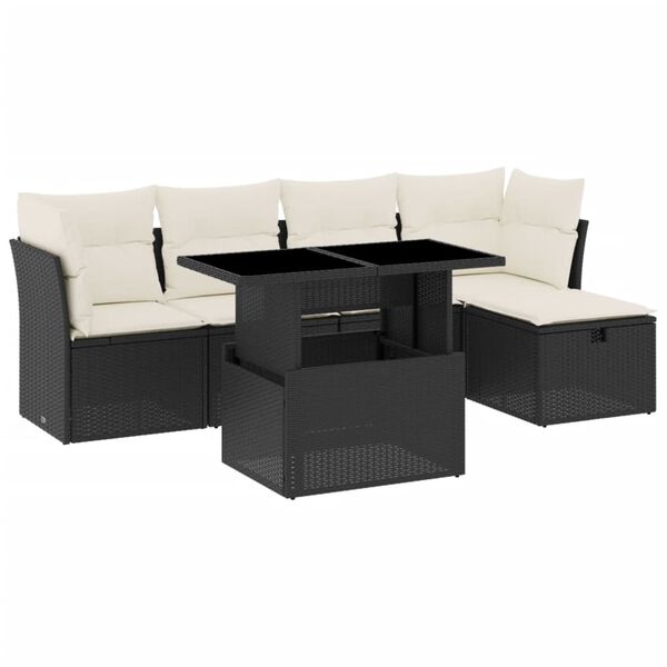 vidaXL 6-tlg. Garten-Sofagarnitur mit Kissen Schwarz Poly Rattan