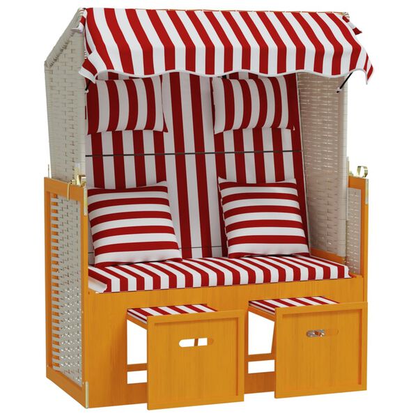 vidaXL Strandkorb mit Kissen Poly Rattan und Massivholz Rot & Wei&szlig;