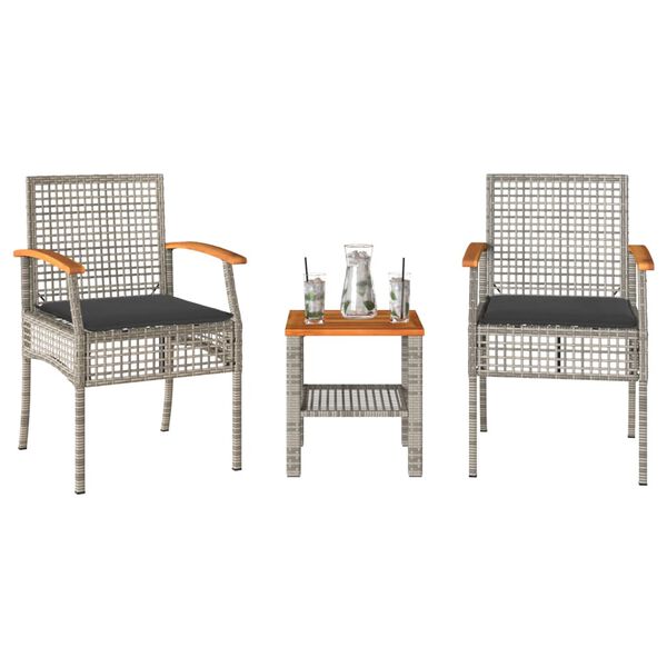 vidaXL 3-tlg. Bistro-Set mit Kissen Grau Poly Rattan Akazienholz