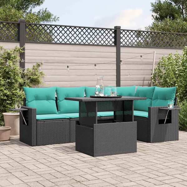 vidaXL 6-teiliges Gartensofa-Set mit Kissen, schwarzes Polyrattan