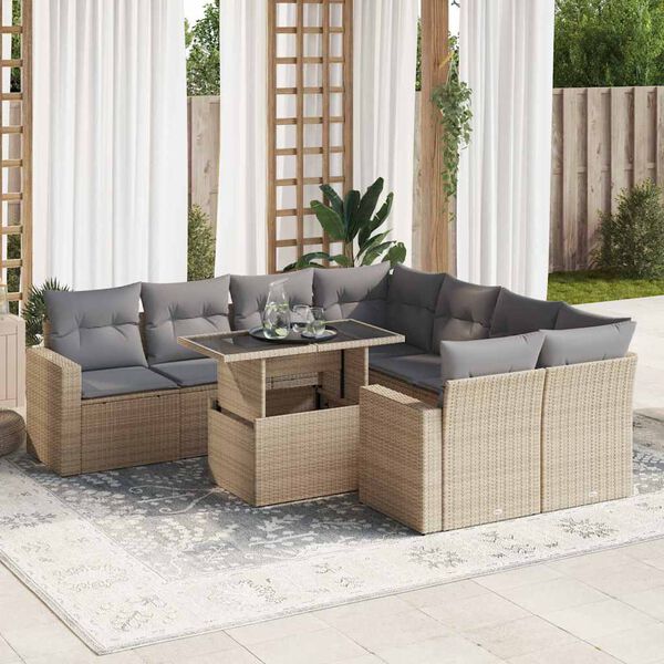 vidaXL 9-tlg. Garten-Sofagarnitur mit Kissen Beige Poly Rattan