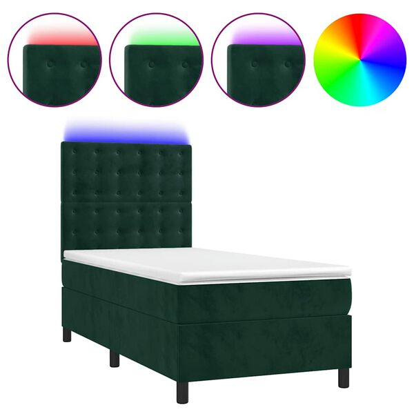 vidaXL Boxspringbett mit Matratze & LED Dunkelgr&uuml;n 90x190 cm Samt
