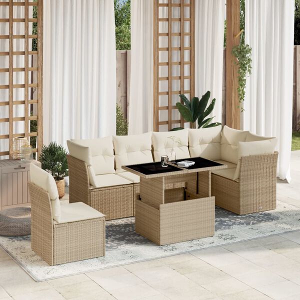 vidaXL 7-tlg. Garten-Sofagarnitur mit Kissen Beige Poly Rattan