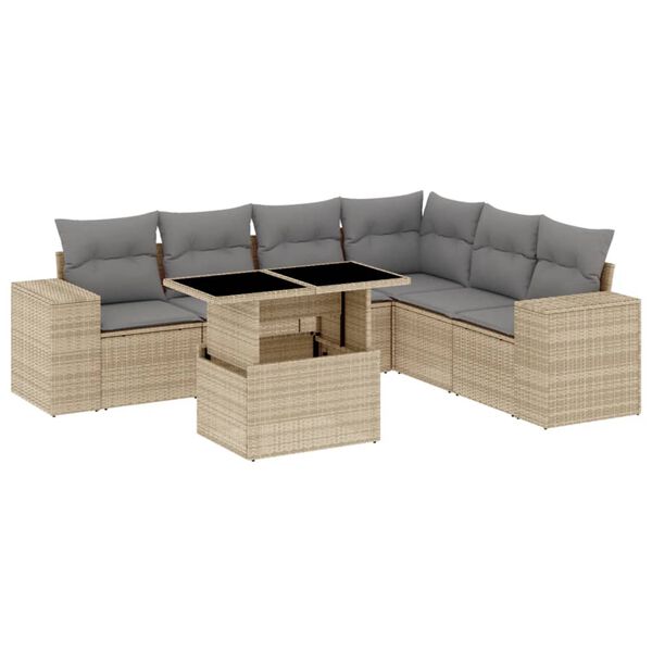 vidaXL 7-tlg. Garten-Sofagarnitur mit Kissen Beige Poly Rattan