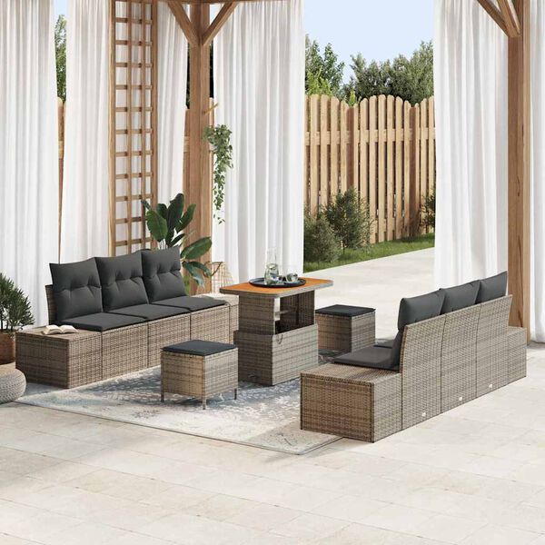 vidaXL Gartensofa-set mit Kissen mit Speicher 9 pcs Grau Poly Rattan