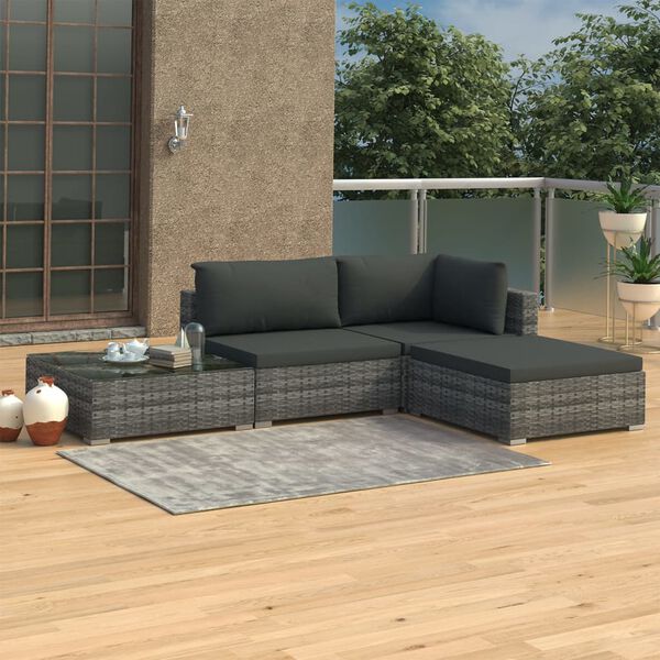 vidaXL 4-tlg. Garten-Lounge-Set mit Auflagen Poly Rattan Grau