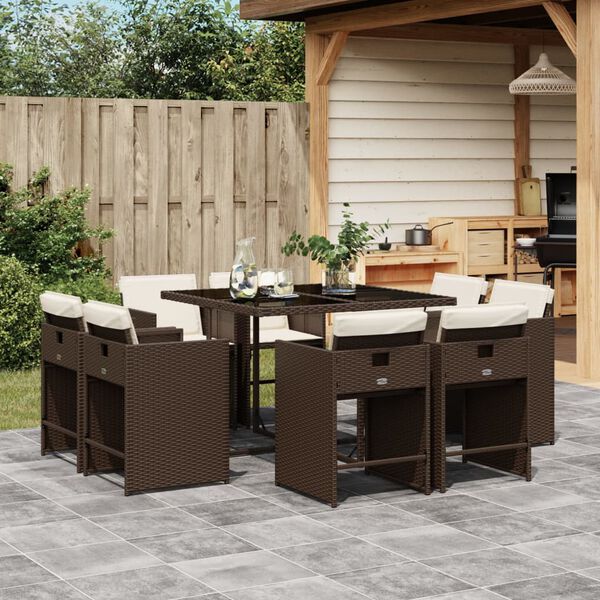 vidaXL 9-tlg. Garten-Essgruppe mit Kissen Braun Poly Rattan