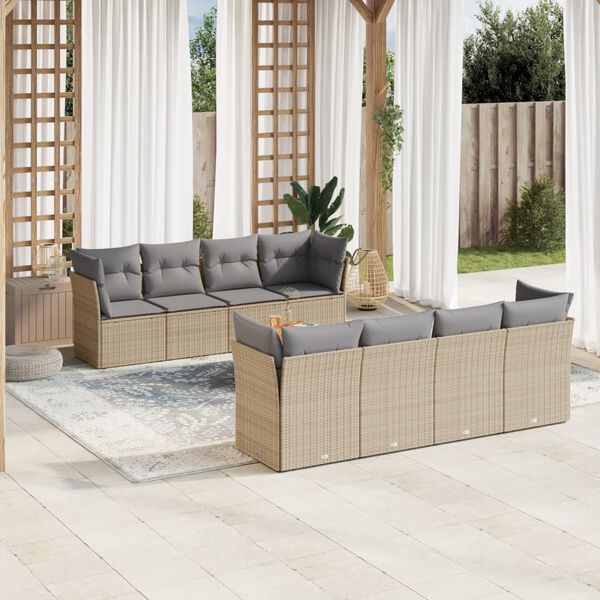 vidaXL 9-tlg. Garten-Sofagarnitur mit Kissen Beige Poly Rattan