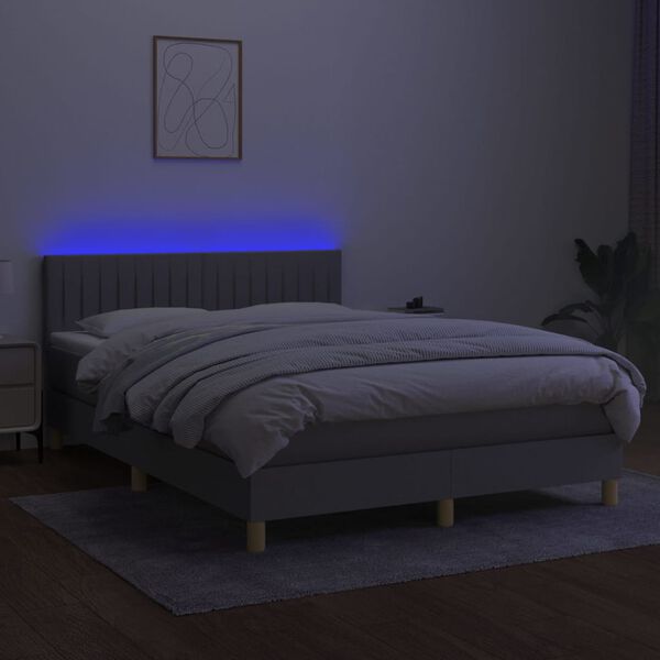 vidaXL Boxspringbett mit Matratze & LED Hellgrau 140x200 cm Stoff