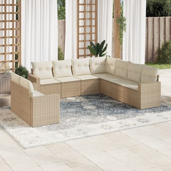 vidaXL 9-tlg. Garten-Sofagarnitur mit Kissen Beige Poly Rattan