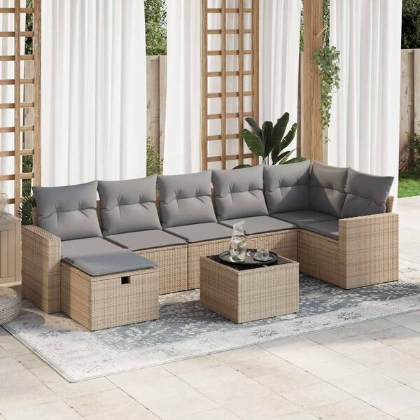 vidaXL 8-tlg. Garten-Sofagarnitur mit Kissen Beige Poly Rattan