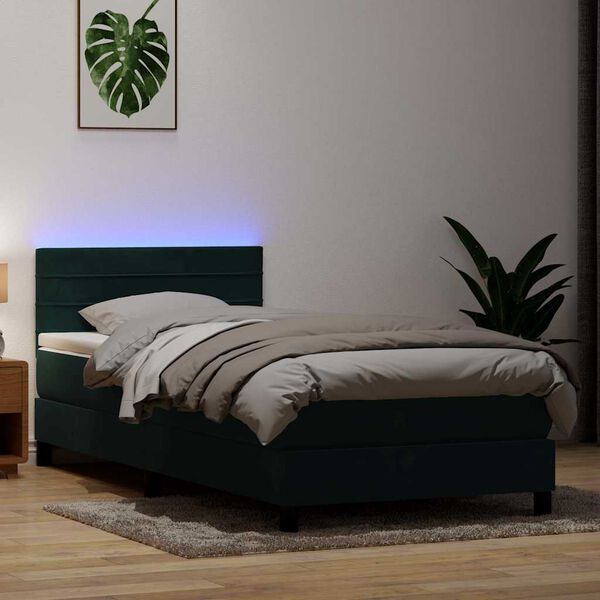 vidaXL Boxspringbett mit Matratze & LED Dunkelgr&uuml;n 80x220 cm Samt