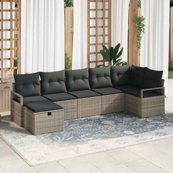 vidaXL Sofa Set mit Kissen mit Speicher 7 pcs Grau Poly-Rattan