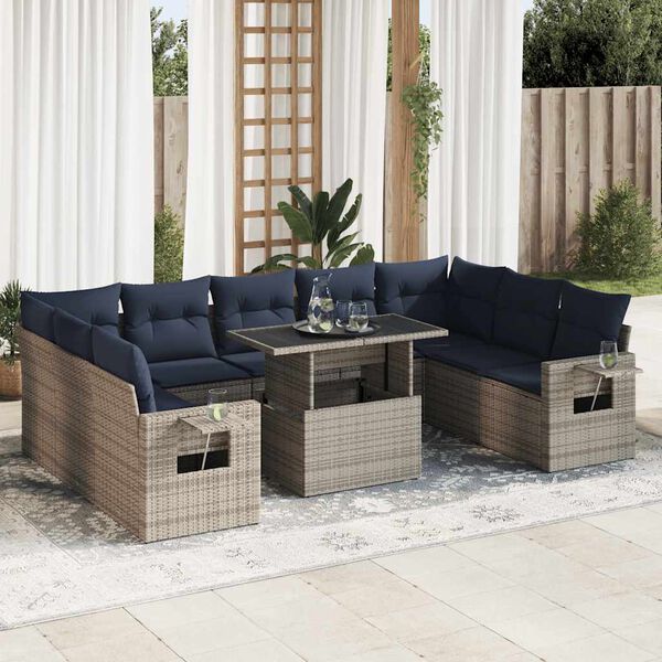 vidaXL 10-tlg. Garten-Sofagarnitur mit Kissen Grau Poly Rattan Akazie