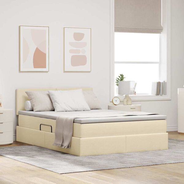 vidaXL Bett mit Stauraum und LED mit Matratze Creme 140 x 200 cm Stoff