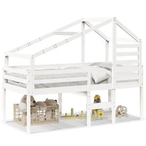 vidaXL Hochbett mit Dach Wei&szlig; 90x190 cm Massivholz Kiefer