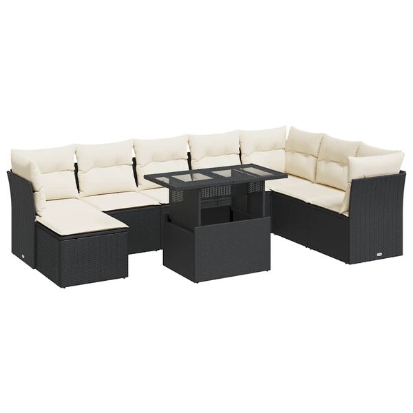 vidaXL 9-tlg. Garten-Sofagarnitur mit Kissen Schwarz Poly Rattan