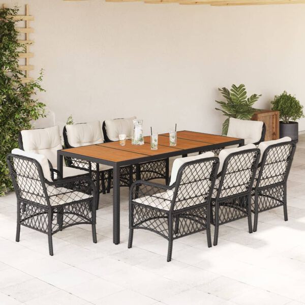 vidaXL 9-tlg. Garten-Essgruppe mit Kissen Schwarz Poly Rattan