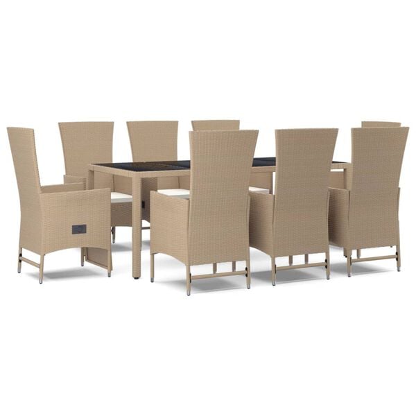 vidaXL 9-tlg. Garten-Essgruppe mit Kissen Beige Poly Rattan