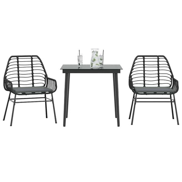 vidaXL 3-tlg. Garten-Essgruppe mit Kissen Schwarz Poly Rattan Glas